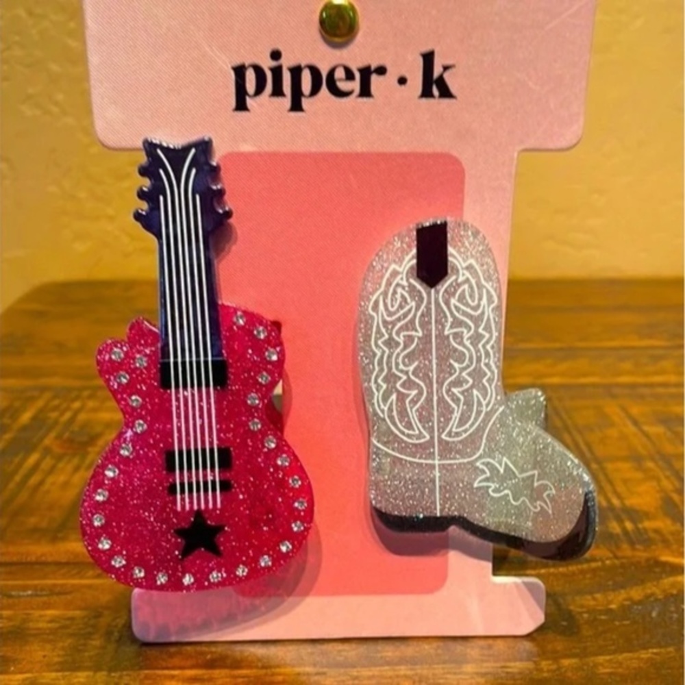 NWT Piper K Pink Guitar & Silver Bling Cowboy Boots Claw Hair Clips
